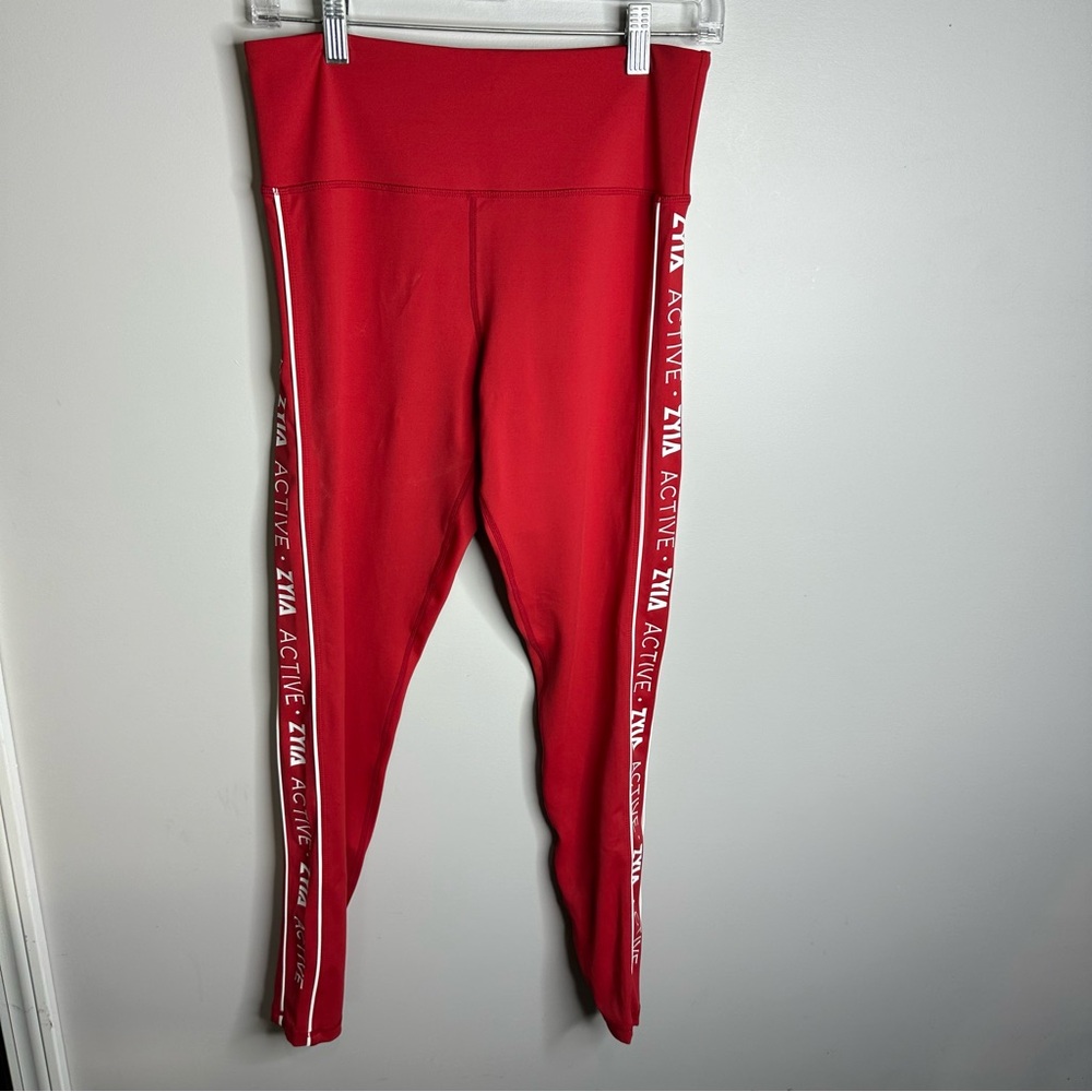 Women’s Zyia Active Size 8-10 Red High Waisted‎ Logo Striped Leggings